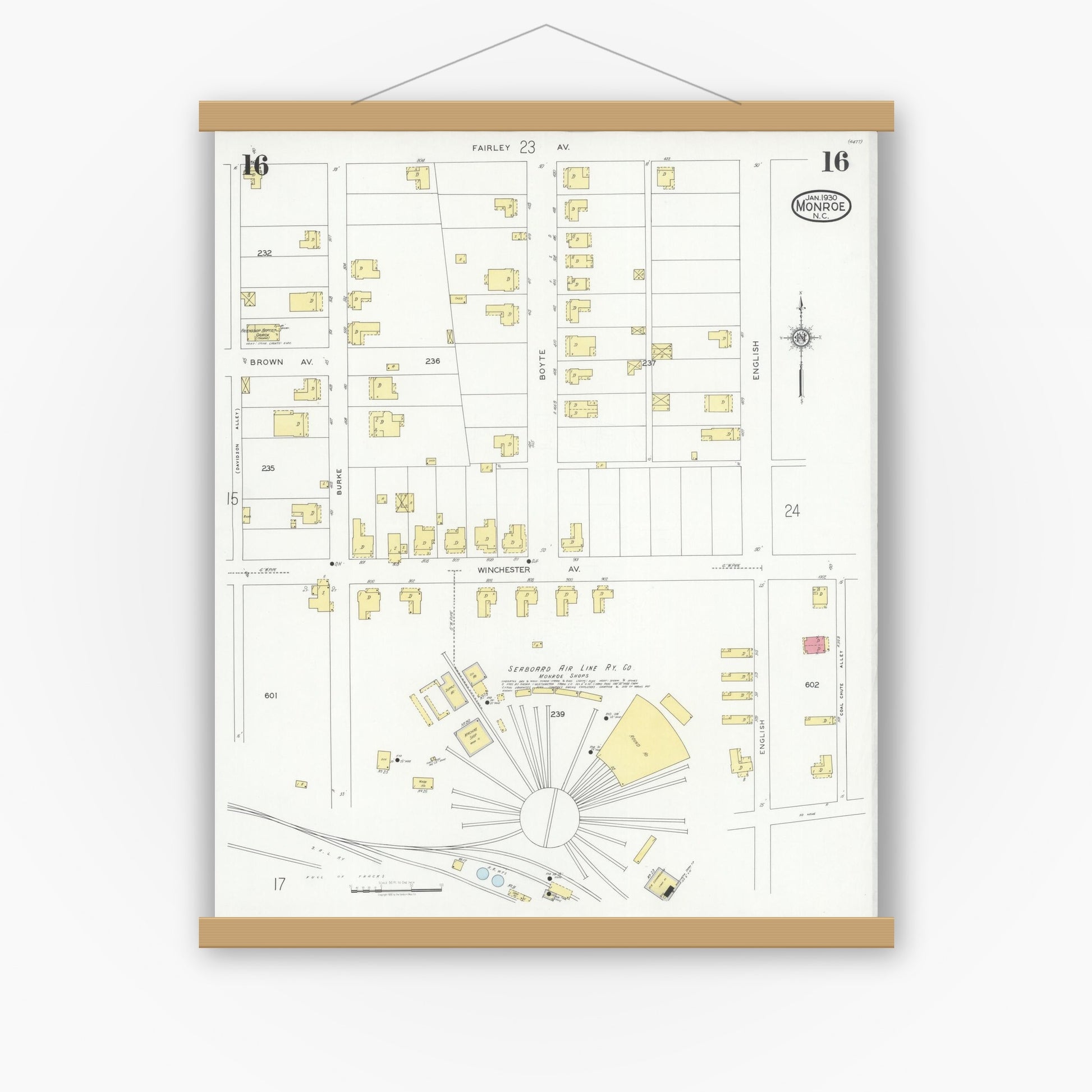 Old map wall art mockup — magnetic wood frame on white wall — Sanborn Fire Insurance Map from Monroe, Union County, North Carolina (1930), Sheet #0016
