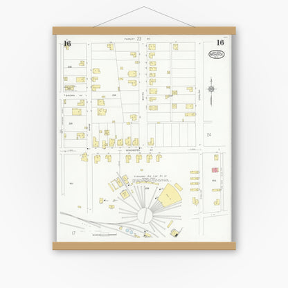 Old map wall art mockup — magnetic wood frame on white wall — Sanborn Fire Insurance Map from Monroe, Union County, North Carolina (1930), Sheet #0016