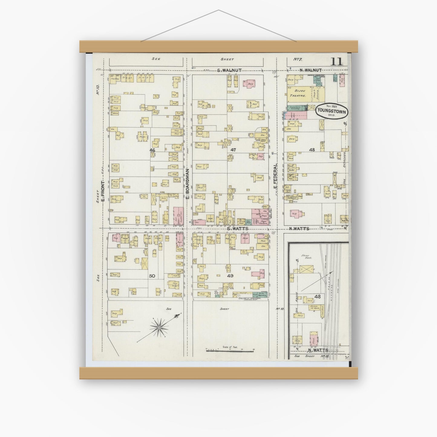 Old map wall art mockup — magnetic wood frame on white wall — Sanborn Fire Insurance Map from Youngstown, Mahoning County, Ohio (1889), Sheet #0011