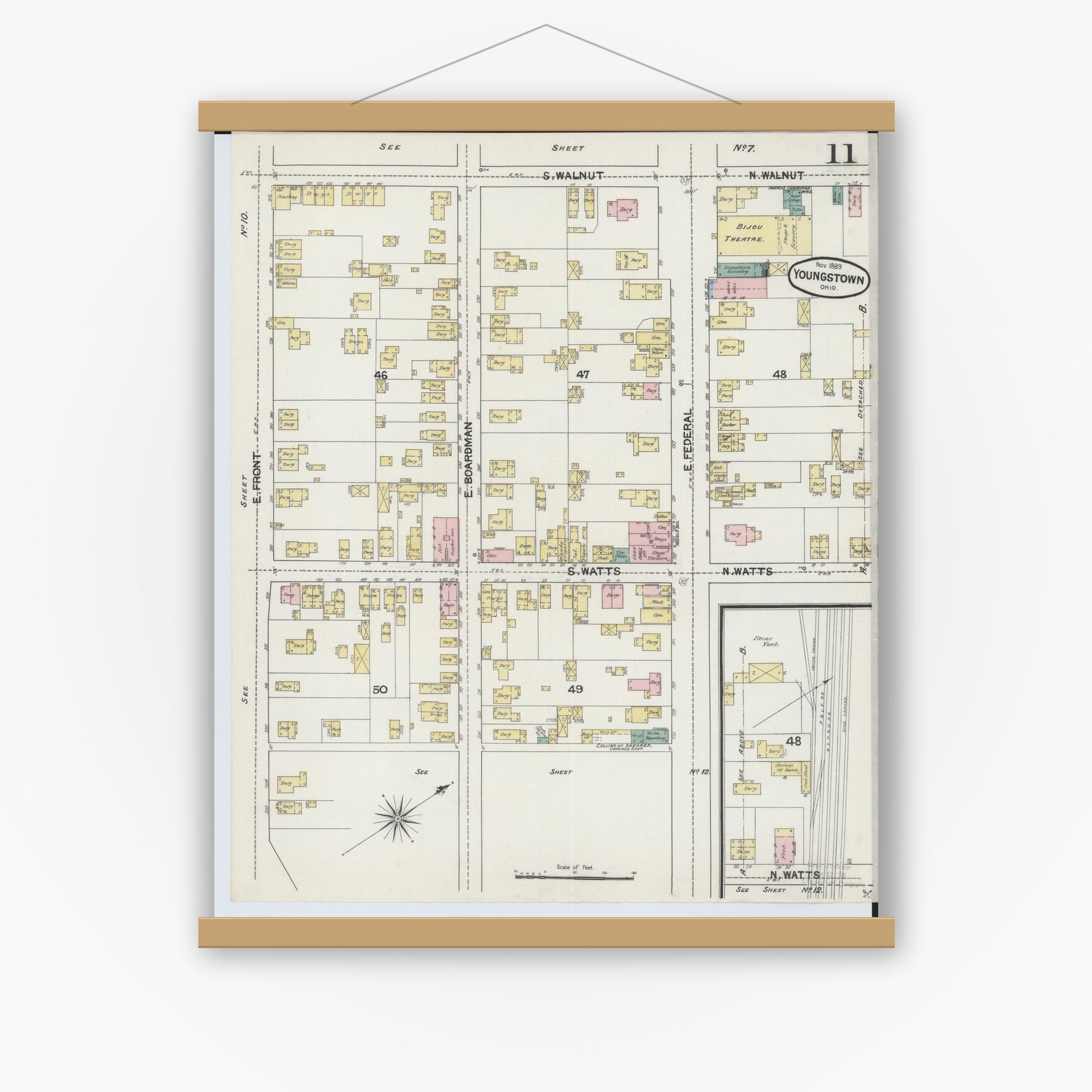 Old map wall art mockup — magnetic wood frame on white wall — Sanborn Fire Insurance Map from Youngstown, Mahoning County, Ohio (1889), Sheet #0011