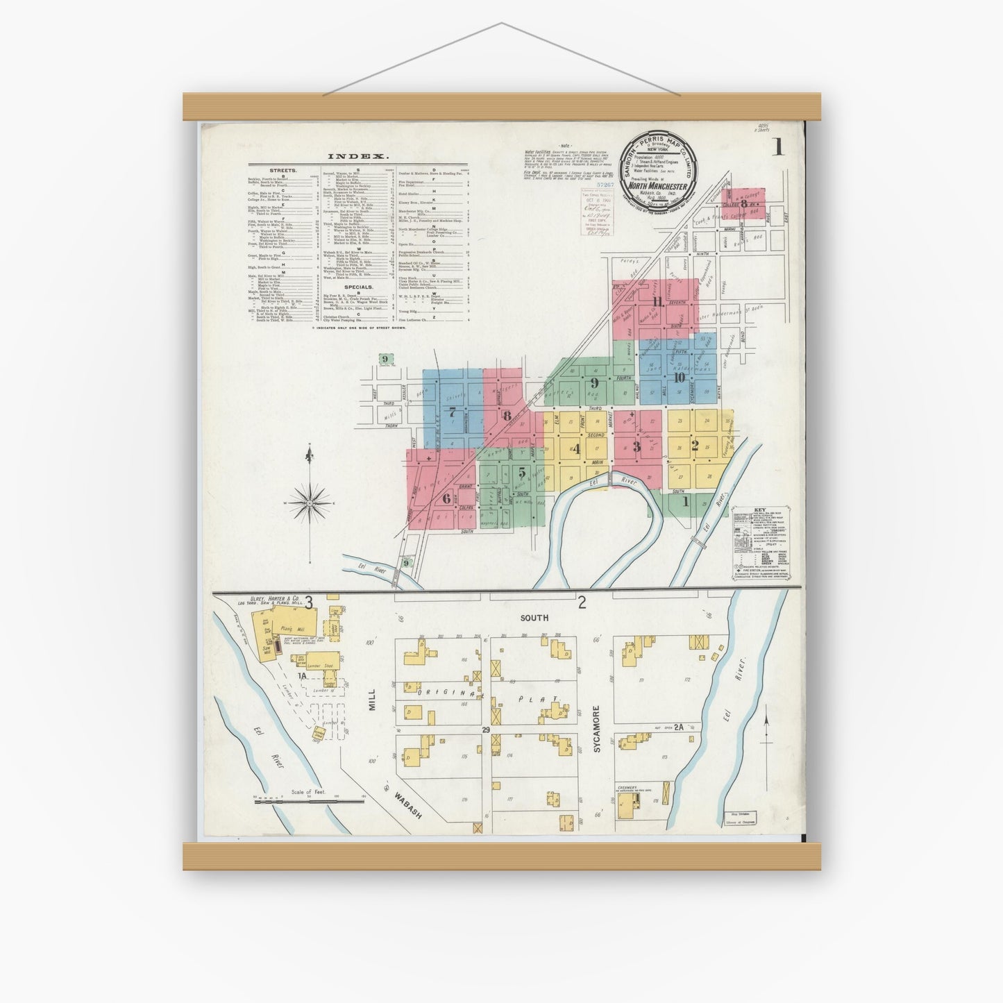 Old map wall art mockup — magnetic wood frame on white wall — Sanborn Fire Insurance Map from North Manchester, Wabash County, Indiana (1900) - Complete Map Set