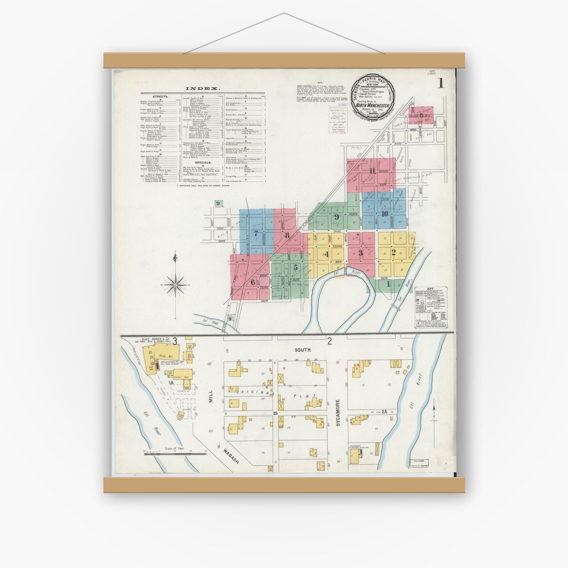 Old map wall art mockup — magnetic wood frame on white wall — Sanborn Fire Insurance Map from North Manchester, Wabash County, Indiana (1900) - Complete Map Set