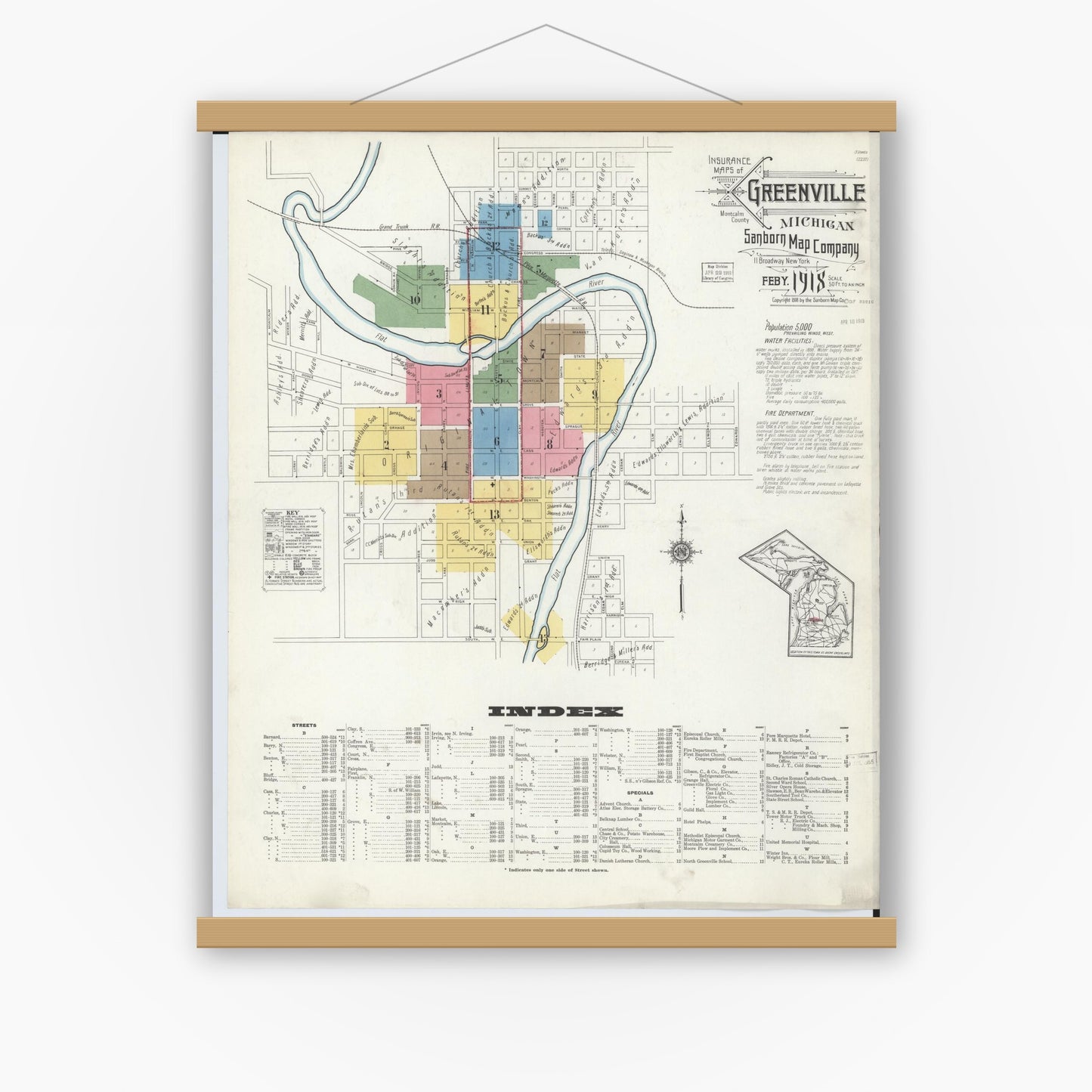 Old map wall art mockup — magnetic wood frame on white wall — Sanborn Fire Insurance Map from Greenville, Montcalm County, Michigan (1918) - Complete Map Set