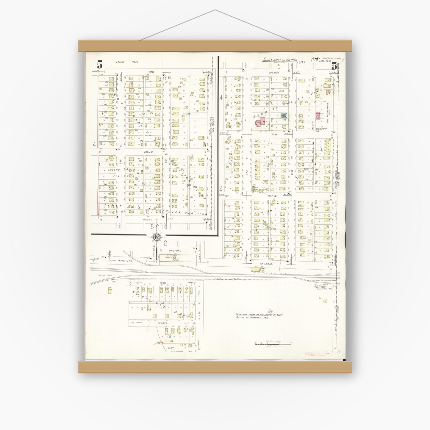 Old map wall art mockup — magnetic wood frame on white wall — Sanborn Fire Insurance Map from Valley Junction, Polk County, Iowa (1941), Sheet #0005