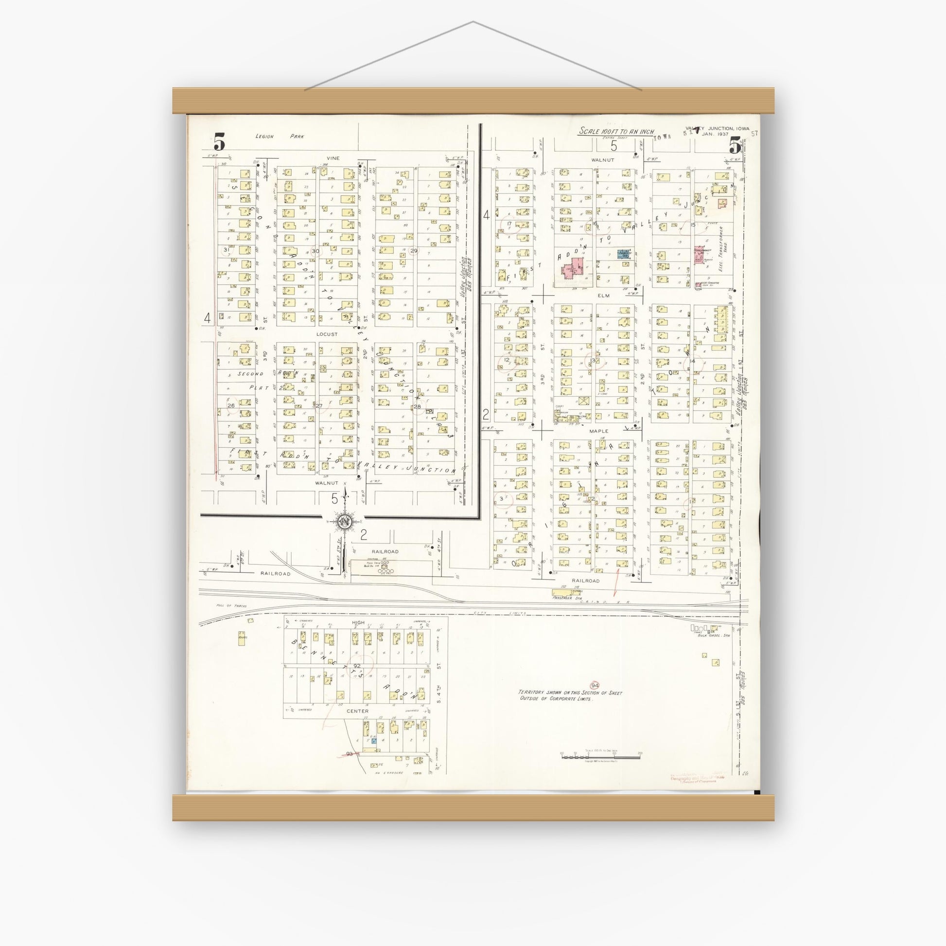 Old map wall art mockup — magnetic wood frame on white wall — Sanborn Fire Insurance Map from Valley Junction, Polk County, Iowa (1941), Sheet #0005