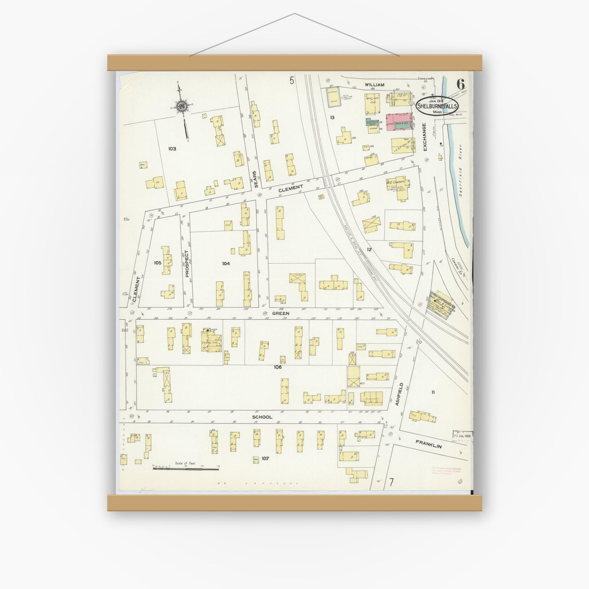 Old map wall art mockup — magnetic wood frame on white wall — Sanborn Fire Insurance Map from Shelburne Falls, Franklin County, Massachusetts (1910), Sheet #0006