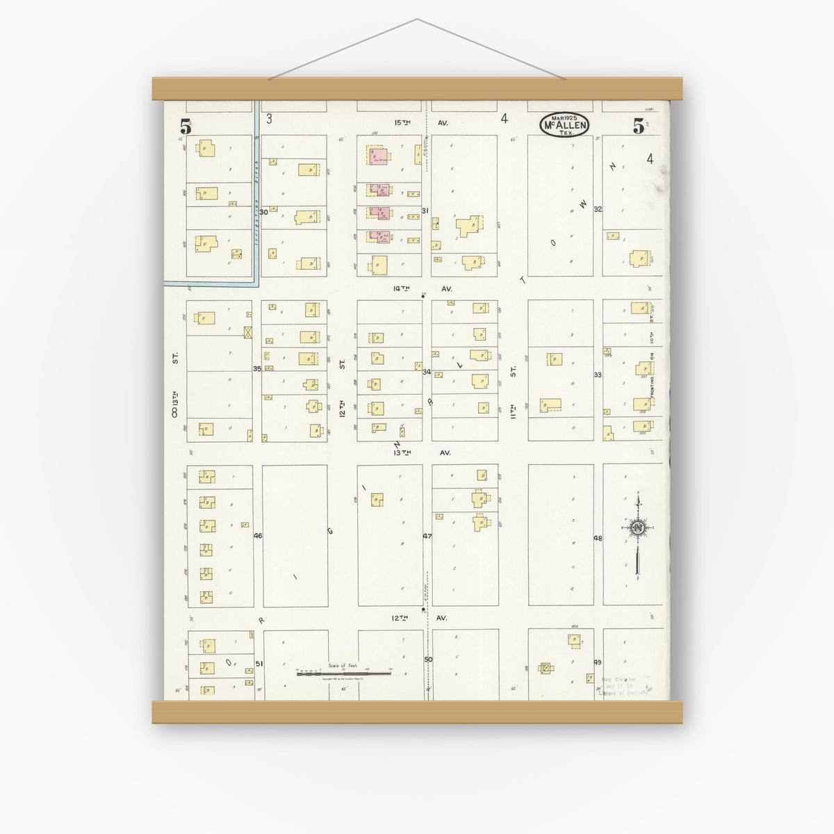 Old map wall art mockup — magnetic wood frame on white wall — Sanborn Fire Insurance Map from McAllen, Hidalgo County, Texas (1925), Sheet #0005