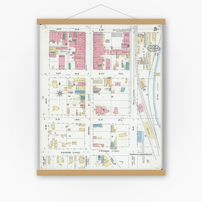 Old map wall art mockup — magnetic wood frame on white wall — Sanborn Fire Insurance Map from Faribault, Rice County, Minnesota (1905), Sheet #0003