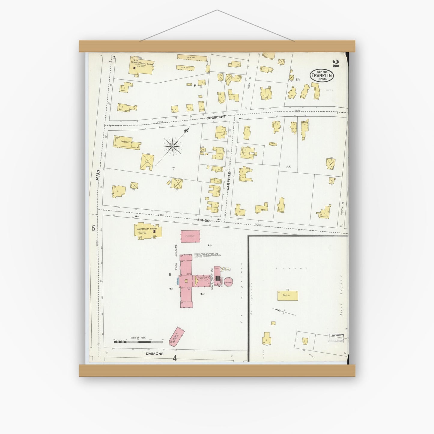 Old map wall art mockup — magnetic wood frame on white wall — Sanborn Fire Insurance Map from Franklin, Norfolk County, Massachusetts (1904), Sheet #0002
