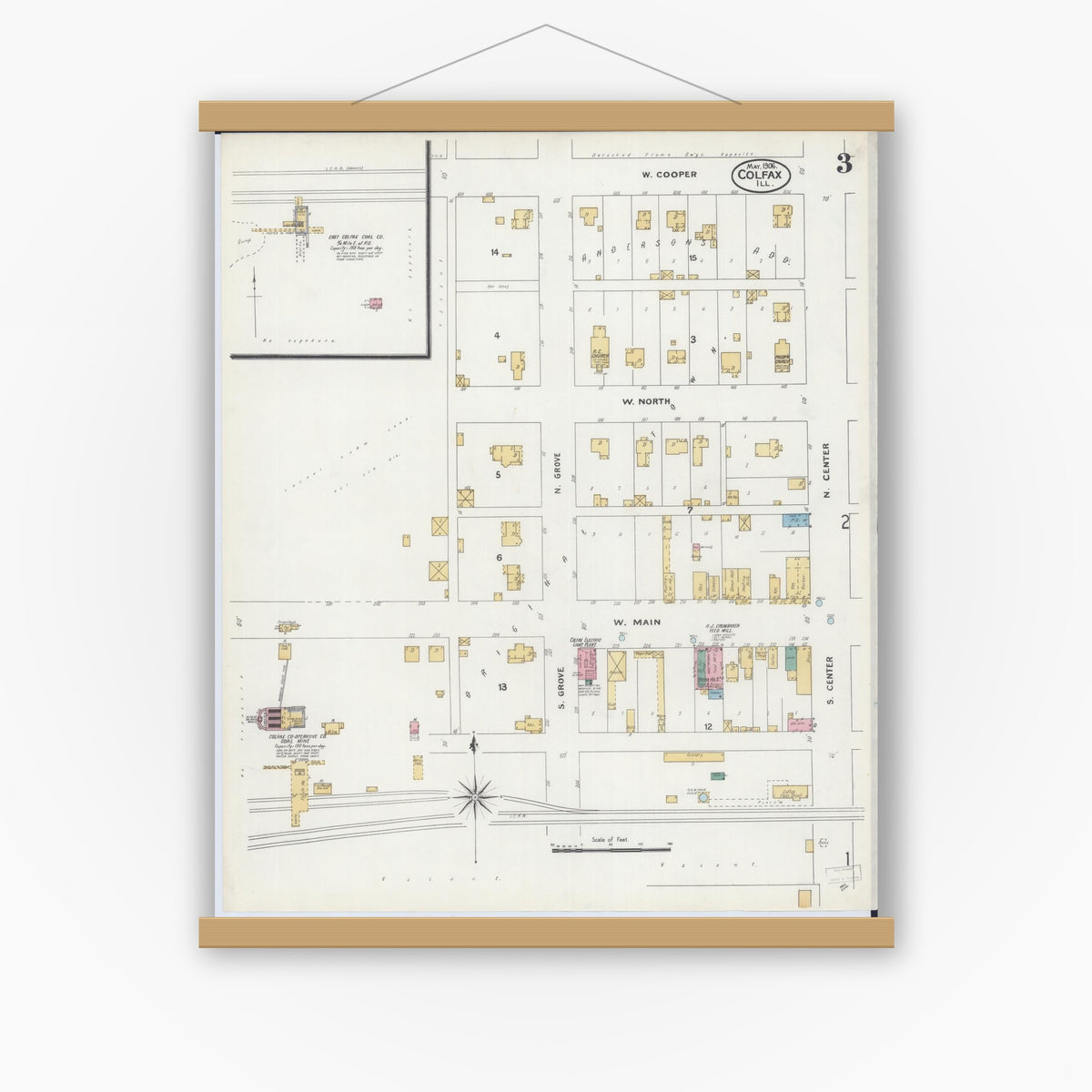 Old map wall art mockup — magnetic wood frame on white wall — Sanborn Fire Insurance Map from Colfax, McLean County, Illinois (1906), Sheet #0003