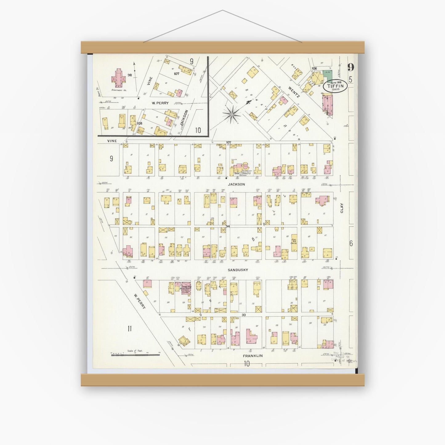 Old map wall art mockup — magnetic wood frame on white wall — Sanborn Fire Insurance Map from Tiffin, Seneca County, Ohio (1908), Sheet #0009