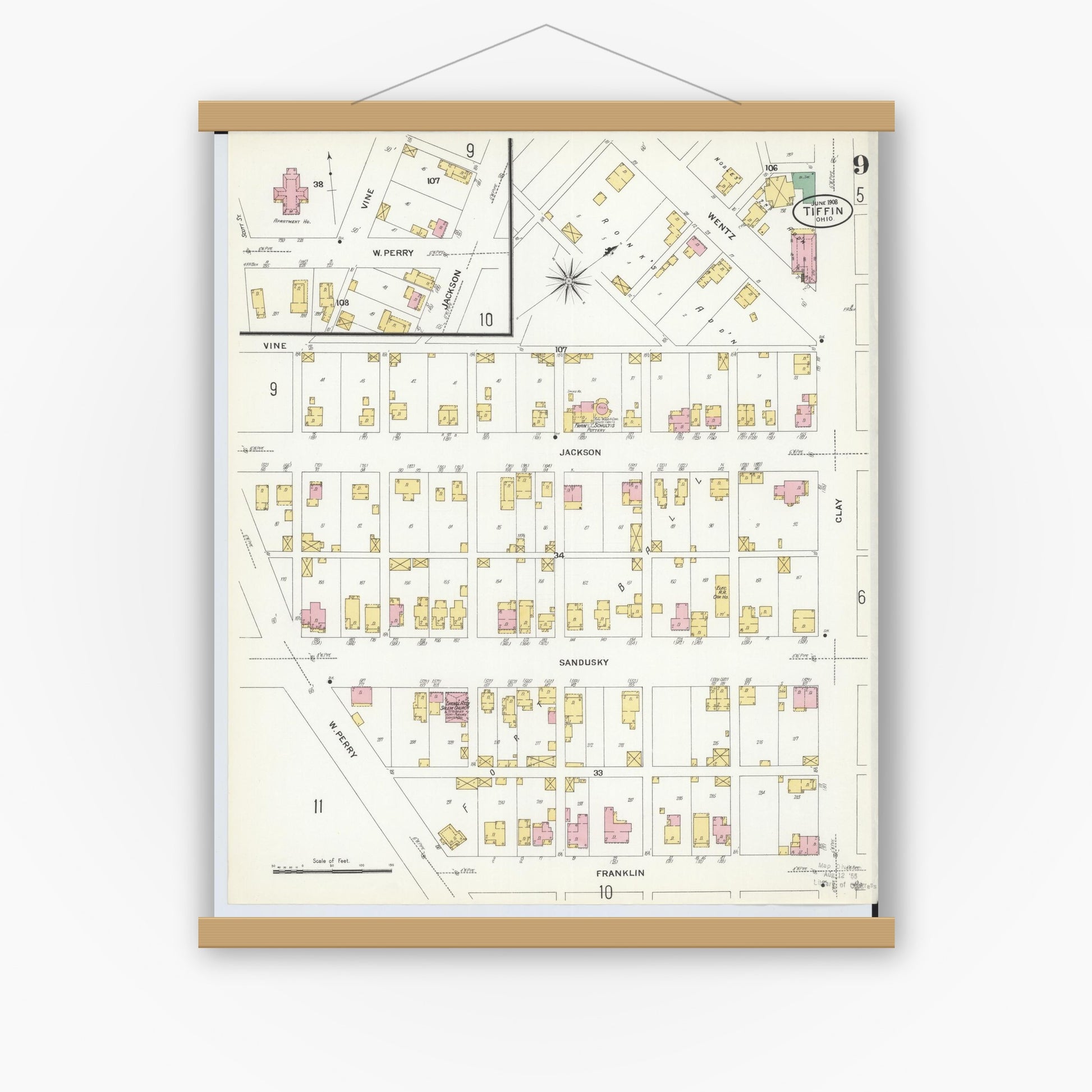 Old map wall art mockup — magnetic wood frame on white wall — Sanborn Fire Insurance Map from Tiffin, Seneca County, Ohio (1908), Sheet #0009