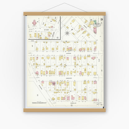 Old map wall art mockup — magnetic wood frame on white wall — Sanborn Fire Insurance Map from Tiffin, Seneca County, Ohio (1908), Sheet #0009
