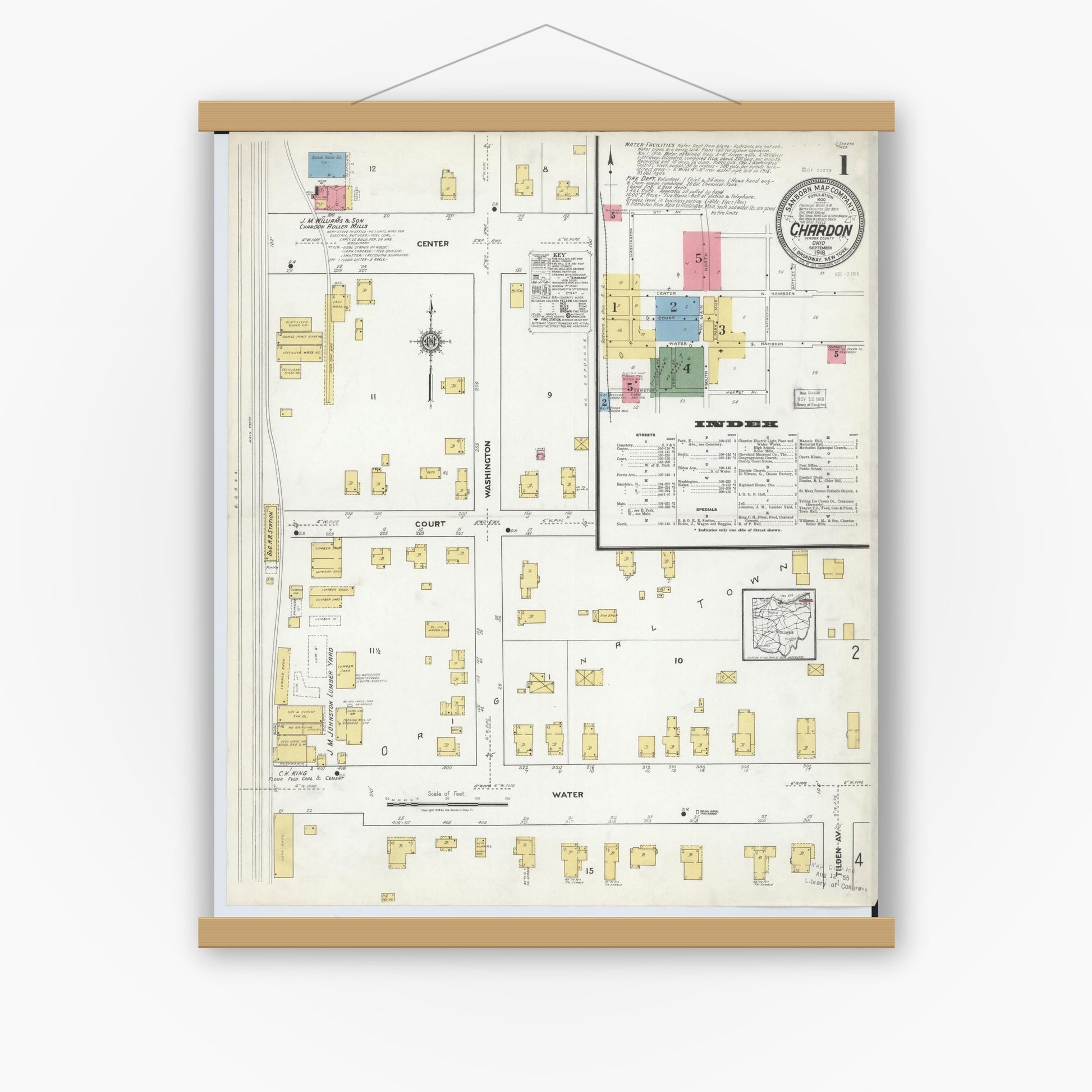 Old map wall art mockup — magnetic wood frame on white wall — Sanborn Fire Insurance Map from Chardon, Geauga County, Ohio (1918) - Complete Map Set