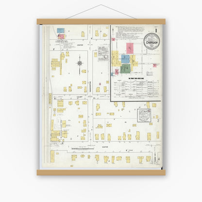Old map wall art mockup — magnetic wood frame on white wall — Sanborn Fire Insurance Map from Chardon, Geauga County, Ohio (1918) - Complete Map Set