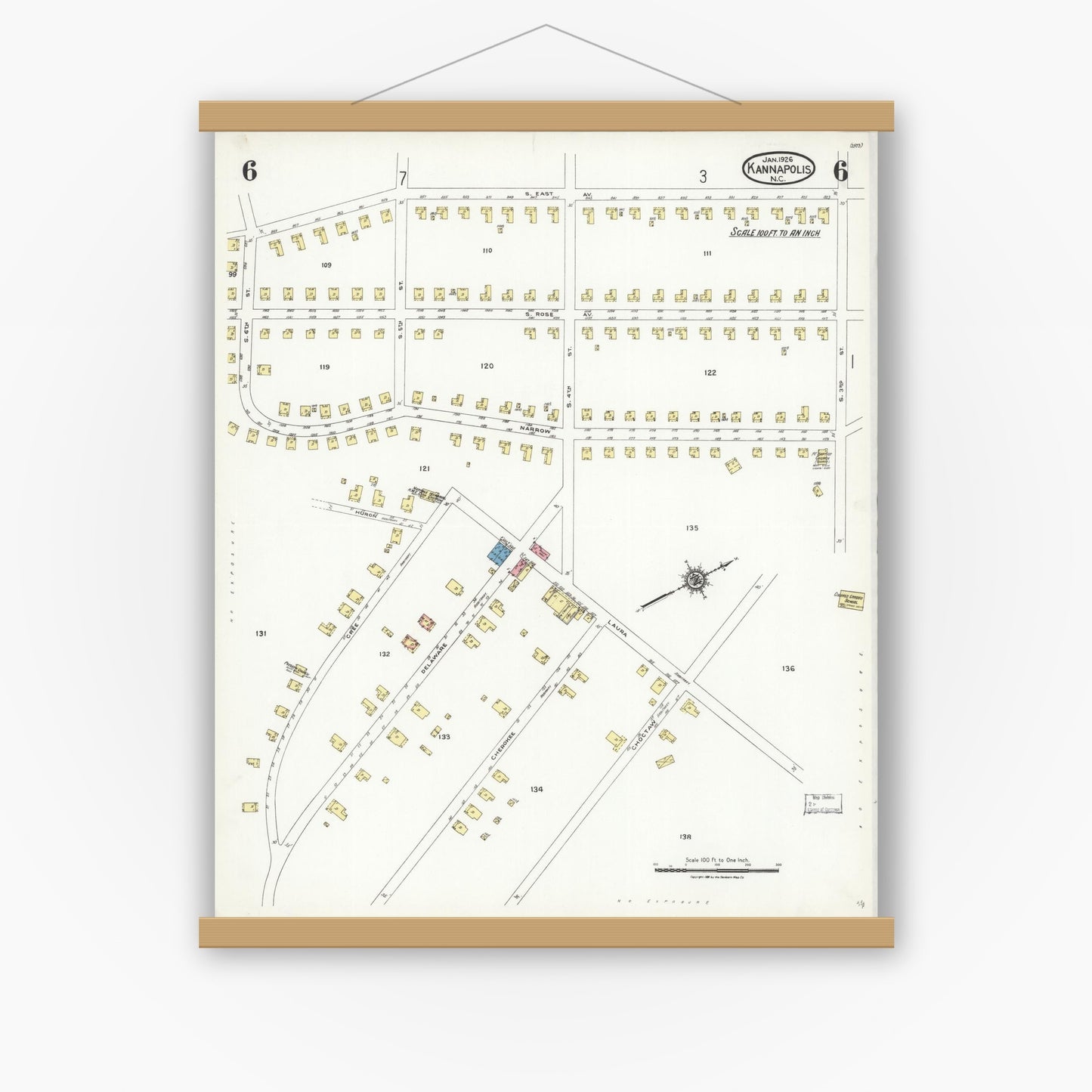 Old map wall art mockup — magnetic wood frame on white wall — Sanborn Fire Insurance Map from Kannapolis, Rowan And Cabarrus Counties, North Carolina (1926), Sheet #0006