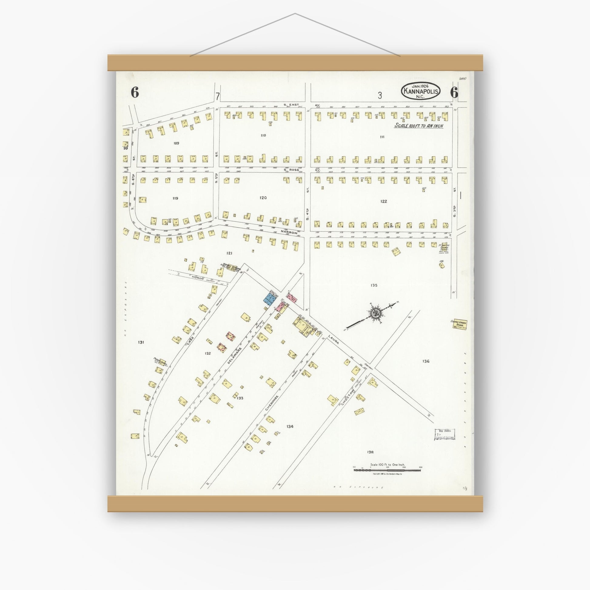 Old map wall art mockup — magnetic wood frame on white wall — Sanborn Fire Insurance Map from Kannapolis, Rowan And Cabarrus Counties, North Carolina (1926), Sheet #0006