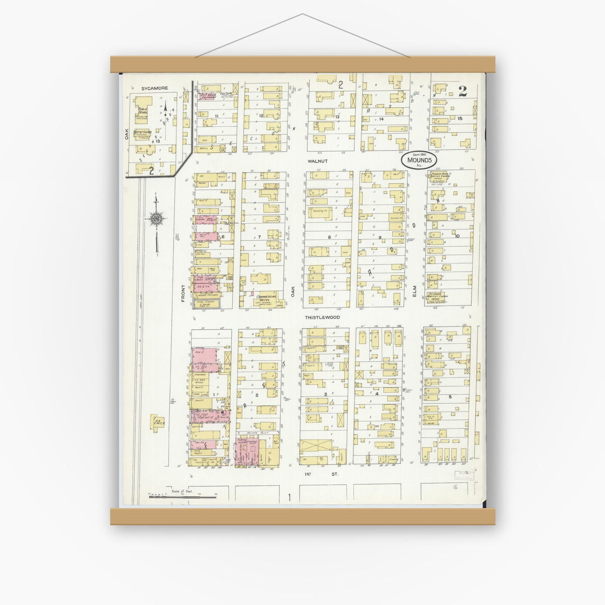Old map wall art mockup — magnetic wood frame on white wall — Sanborn Fire Insurance Map from Mounds, Pulaski County, Illinois (1910), Sheet #0002