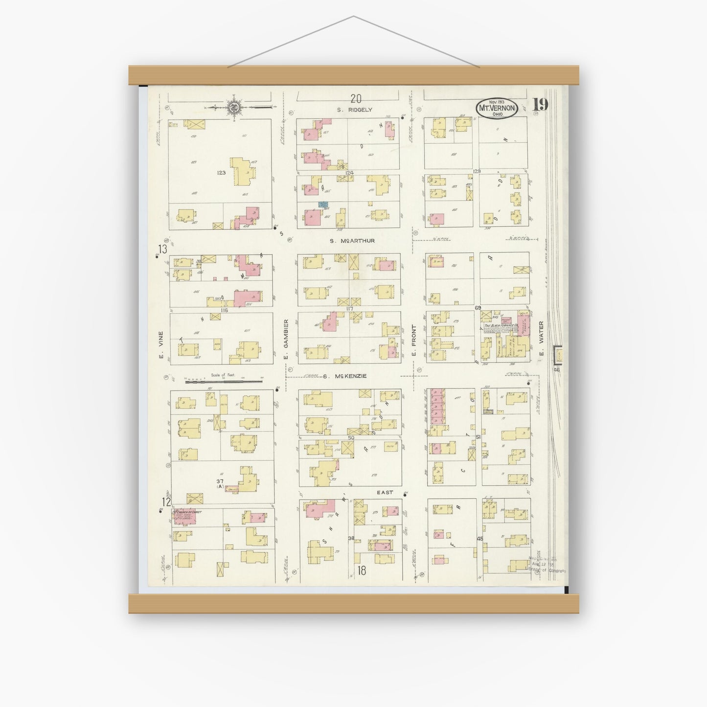 Old map wall art mockup — magnetic wood frame on white wall — Sanborn Fire Insurance Map from Mount Vernon, Knox County, Ohio (1913), Sheet #0019