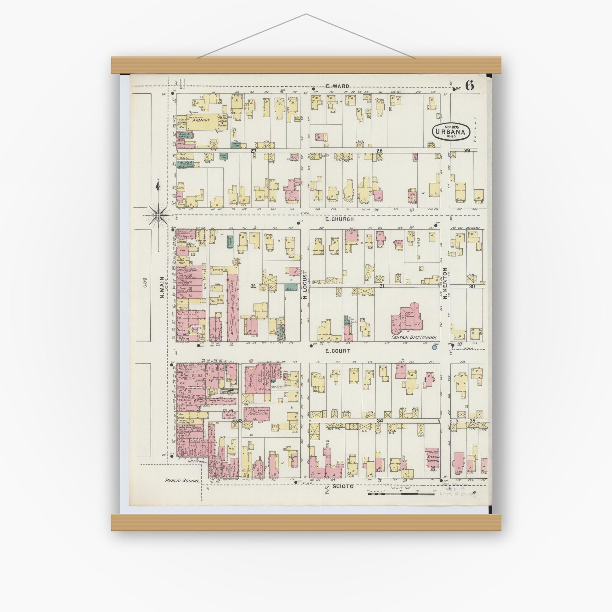 Old map wall art mockup — magnetic wood frame on white wall — Sanborn Fire Insurance Map from Urbana, Champaign County, Ohio (1895), Sheet #0006