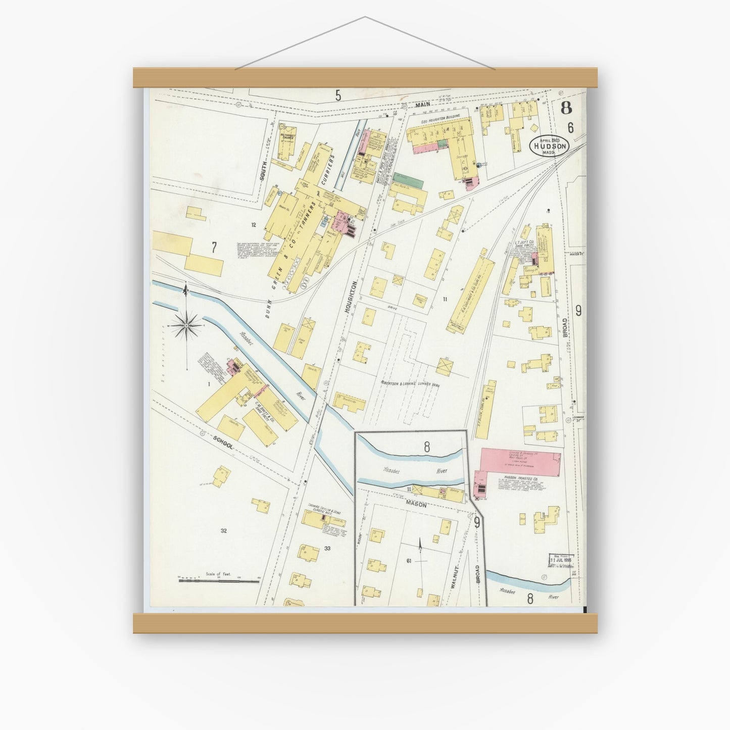Old map wall art mockup — magnetic wood frame on white wall — Sanborn Fire Insurance Map from Hudson, Middlesex County, Massachusetts (1903), Sheet #0007