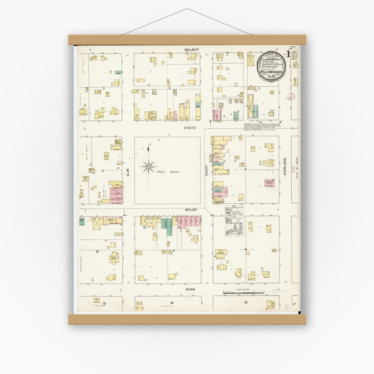 Old map wall art mockup — magnetic wood frame on white wall — Sanborn Fire Insurance Map from Williamsburg, Iowa County, Iowa (1895), Sheet #0001
