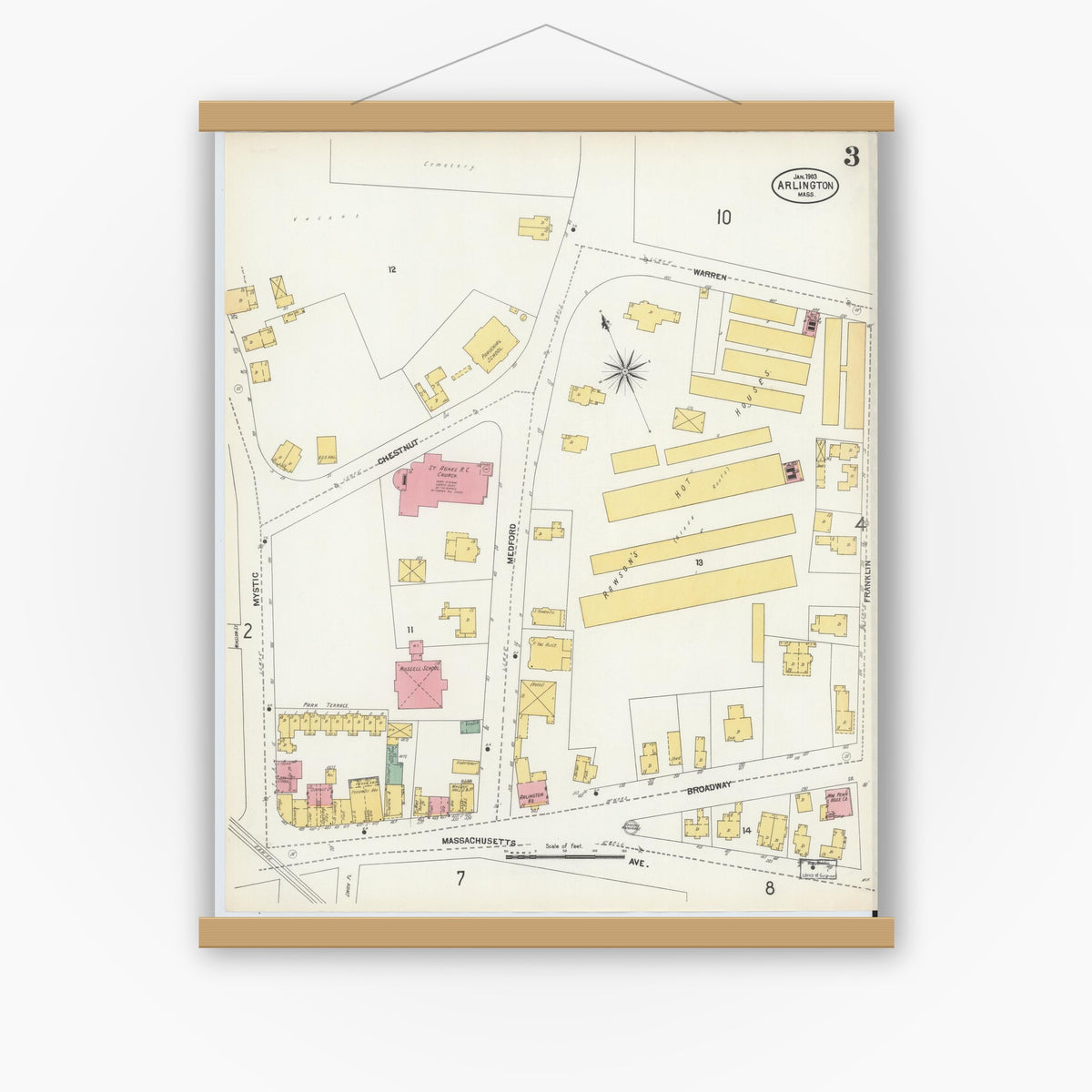 Old map wall art mockup — magnetic wood frame on white wall — Sanborn Fire Insurance Map from Arlington, Middlesex County, Massachusetts (1903), Sheet #0003