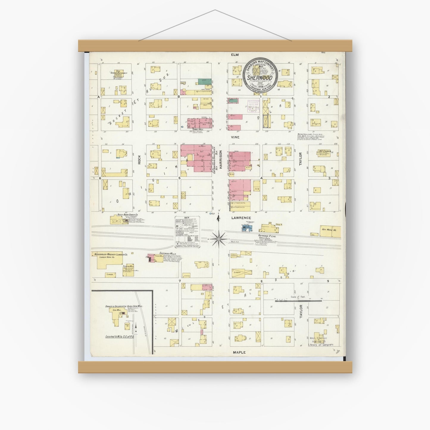 Old map wall art mockup — magnetic wood frame on white wall — Sanborn Fire Insurance Map from Sherwood, Defiance County, Ohio (1908), Sheet #0001