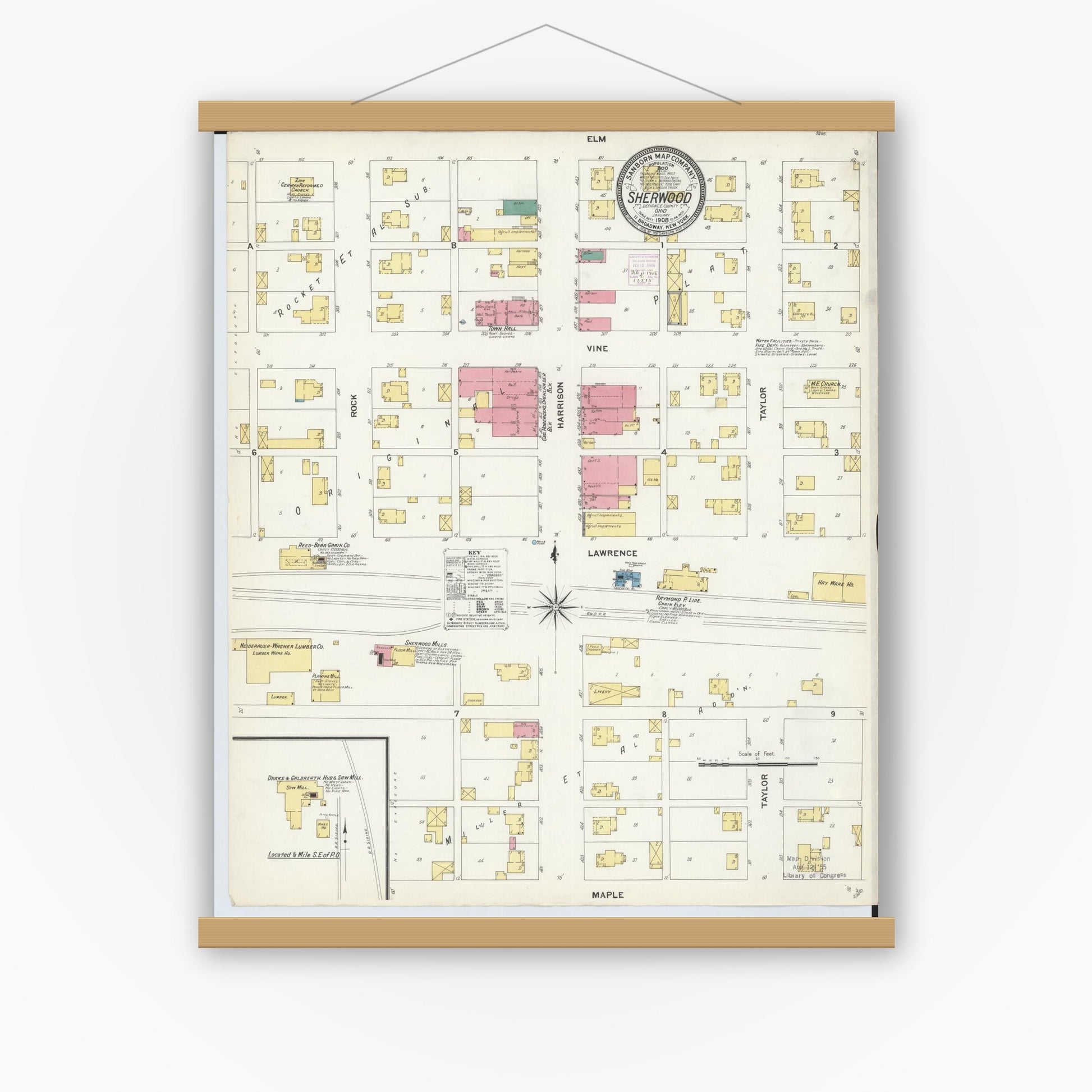 Old map wall art mockup — magnetic wood frame on white wall — Sanborn Fire Insurance Map from Sherwood, Defiance County, Ohio (1908), Sheet #0001