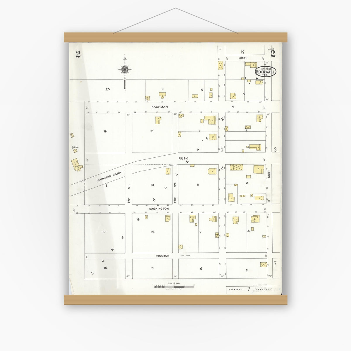 Old map wall art mockup — magnetic wood frame on white wall — Sanborn Fire Insurance Map from Rockwall, Rockwall County, Texas (1923), Sheet #0002