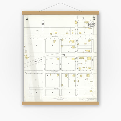 Old map wall art mockup — magnetic wood frame on white wall — Sanborn Fire Insurance Map from Rockwall, Rockwall County, Texas (1923), Sheet #0002