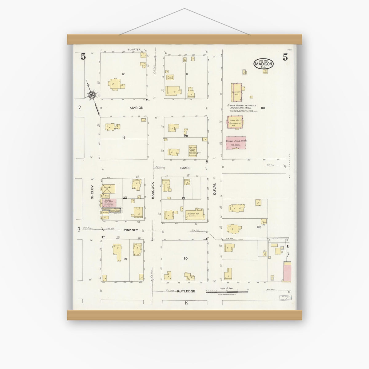Old map wall art mockup — magnetic wood frame on white wall — Sanborn Fire Insurance Map from Madison, Madison County, Florida (1924), Sheet #0005