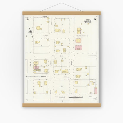 Old map wall art mockup — magnetic wood frame on white wall — Sanborn Fire Insurance Map from Madison, Madison County, Florida (1924), Sheet #0005