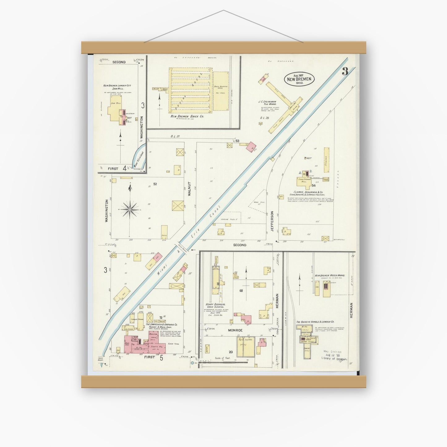 Old map wall art mockup — magnetic wood frame on white wall — Sanborn Fire Insurance Map from New Bremen, Auglaize County, Ohio (1907), Sheet #0003