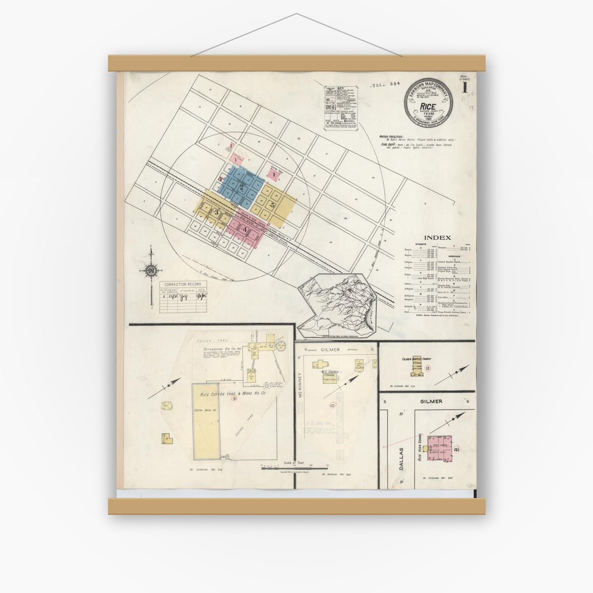 Old map wall art mockup — magnetic wood frame on white wall — Sanborn Fire Insurance Map from Rice, Navarro County, Texas (1935), Sheet #0001