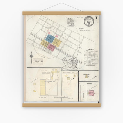 Old map wall art mockup — magnetic wood frame on white wall — Sanborn Fire Insurance Map from Rice, Navarro County, Texas (1935), Sheet #0001