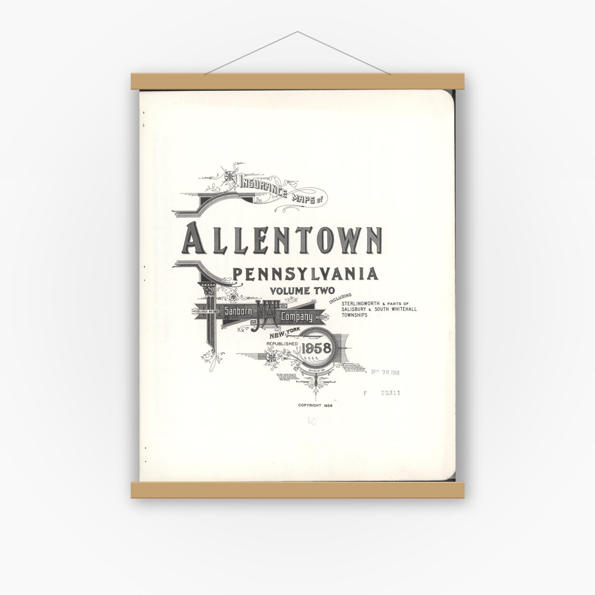 Old map wall art mockup — magnetic wood frame on white wall — Sanborn Fire Insurance Map from Allentown, Lehigh County, Pennsylvania (1958), Sheet #0001