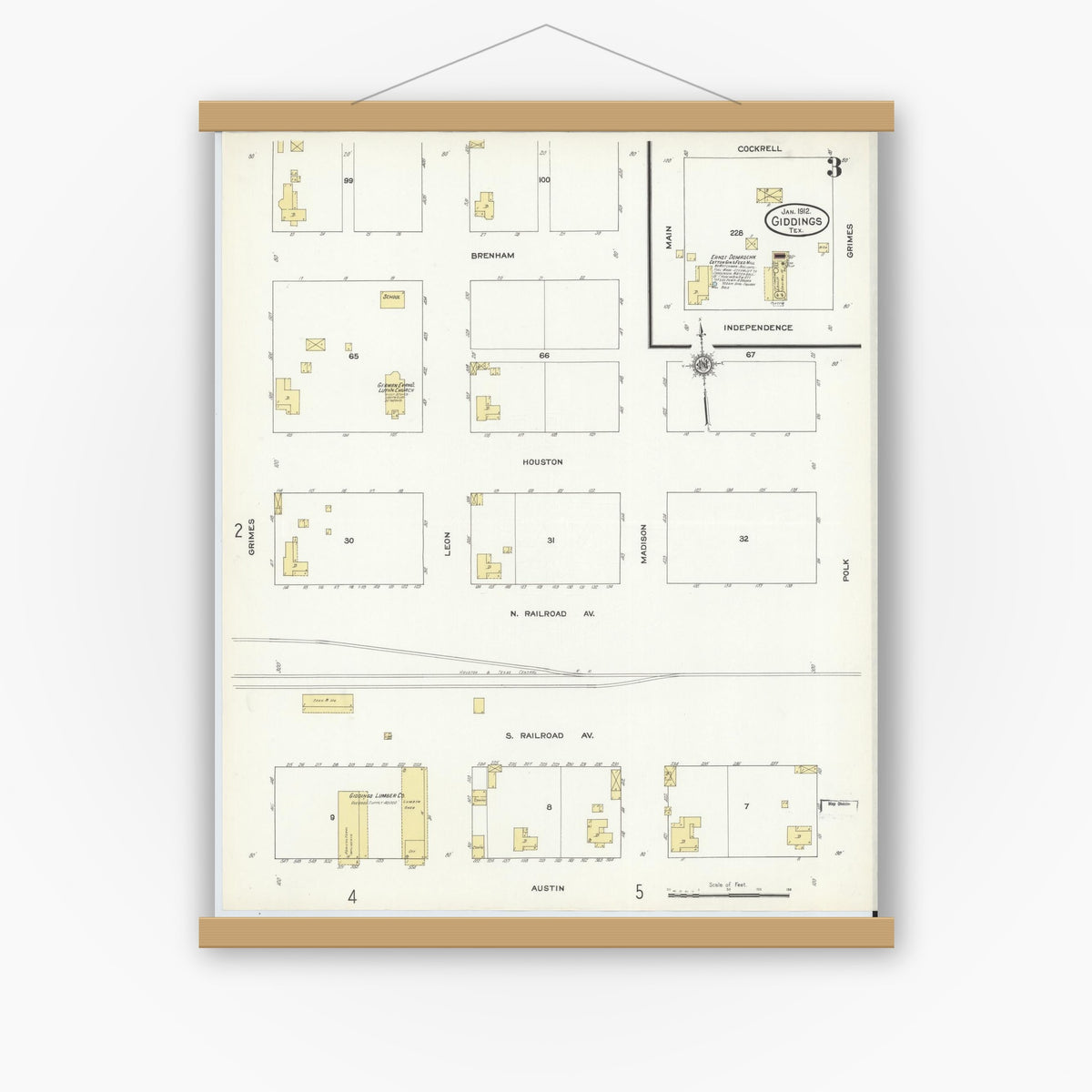 Old map wall art mockup — magnetic wood frame on white wall — Sanborn Fire Insurance Map from Giddings, Lee County, Texas (1912), Sheet #0003