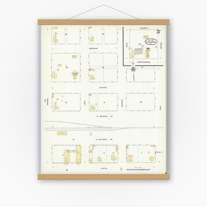 Old map wall art mockup — magnetic wood frame on white wall — Sanborn Fire Insurance Map from Giddings, Lee County, Texas (1912), Sheet #0003