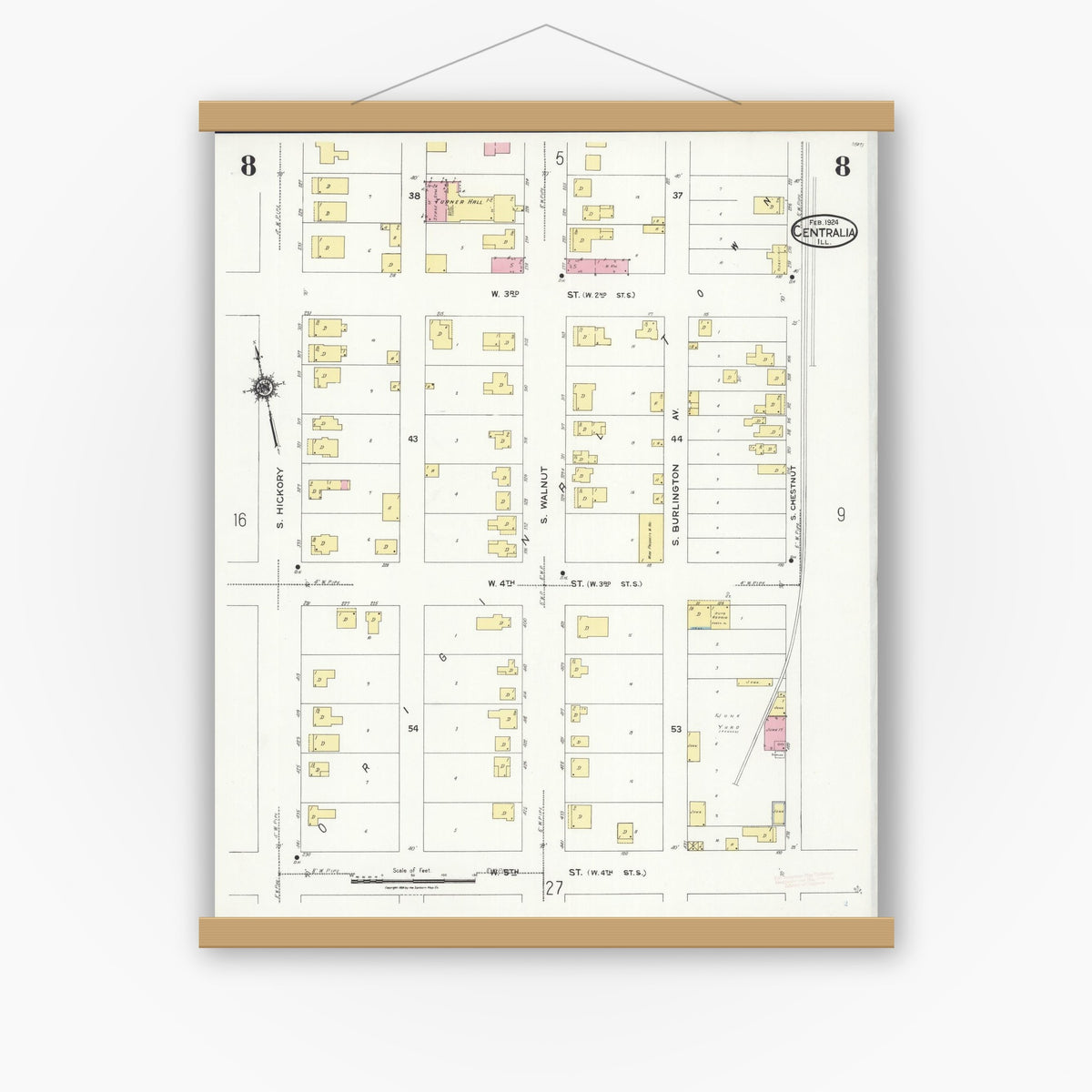 Old map wall art mockup — magnetic wood frame on white wall — Sanborn Fire Insurance Map from Centralia, Marion, Clinton, Jefferson, and Washington Counties, Illinois (1924), Sheet #0008