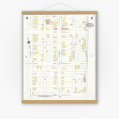 Old map wall art mockup — magnetic wood frame on white wall — Sanborn Fire Insurance Map from Centralia, Marion, Clinton, Jefferson, and Washington Counties, Illinois (1924), Sheet #0008
