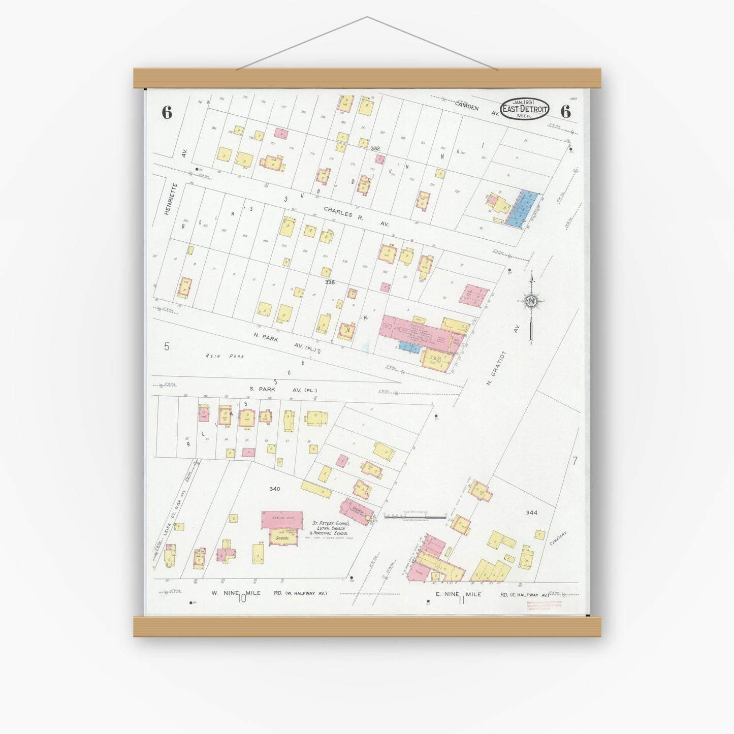 Old map wall art mockup — magnetic wood frame on white wall — Sanborn Fire Insurance Map from East Detroit, Macomb County, Michigan (1931), Sheet #0006