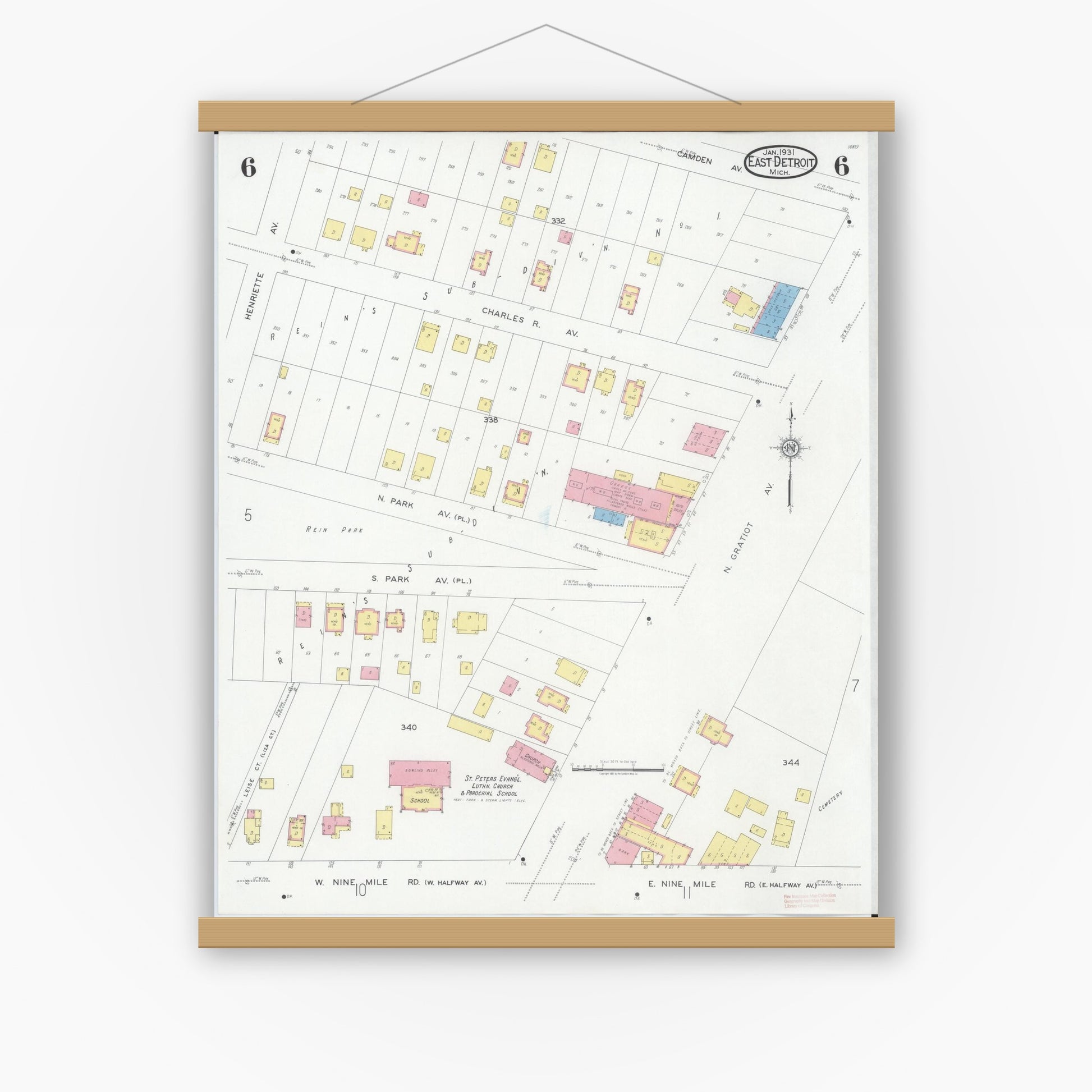 Old map wall art mockup — magnetic wood frame on white wall — Sanborn Fire Insurance Map from East Detroit, Macomb County, Michigan (1931), Sheet #0006