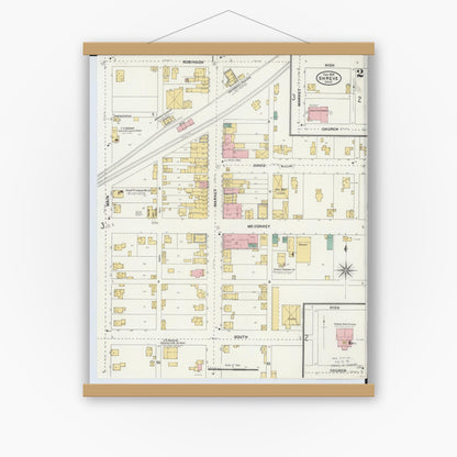 Old map wall art mockup — magnetic wood frame on white wall — Sanborn Fire Insurance Map from Shreve, Wayne County, Ohio (1905), Sheet #0002