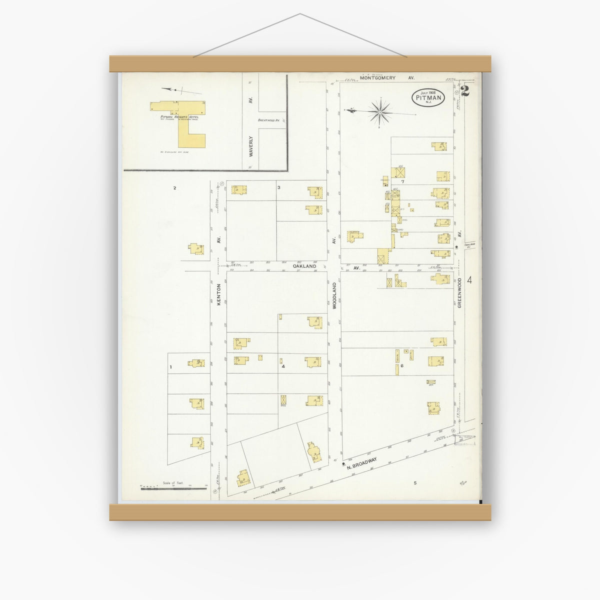 Old map wall art mockup — magnetic wood frame on white wall — Sanborn Fire Insurance Map from Pitman, Gloucester County, New Jersey (1908), Sheet #0002