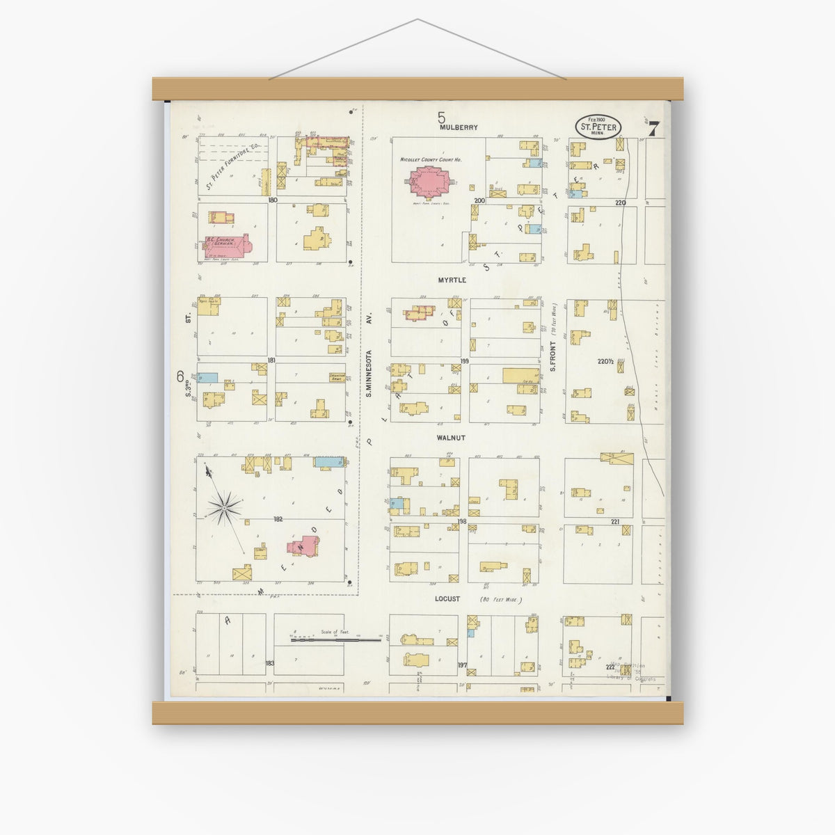 Old map wall art mockup — magnetic wood frame on white wall — Sanborn Fire Insurance Map from Saint Peter, Nicollet County, Minnesota (1900), Sheet #0007