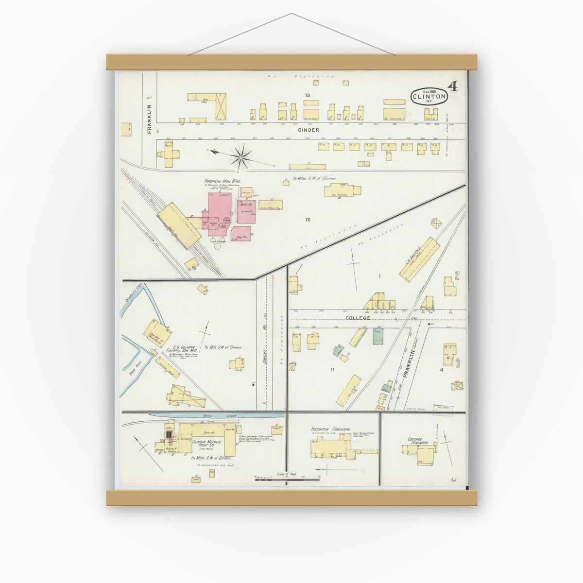 Old map wall art mockup — magnetic wood frame on white wall — Sanborn Fire Insurance Map from Clinton, Oneida County, New York (1895), Sheet #0004