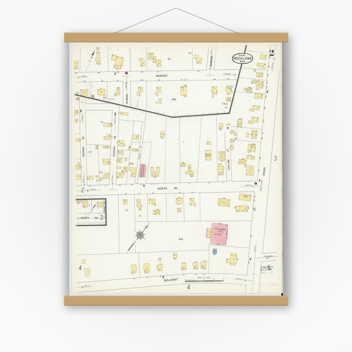 Old map wall art mockup — magnetic wood frame on white wall — Sanborn Fire Insurance Map from Rockland, Plymouth County, Massachusetts (1912), Sheet #0002