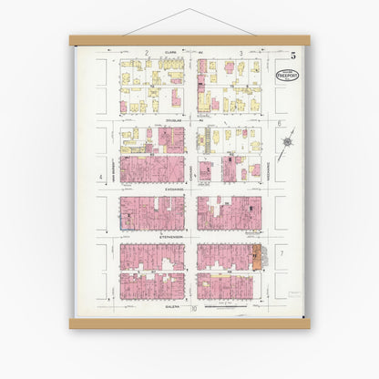 Old map wall art mockup — magnetic wood frame on white wall — Sanborn Fire Insurance Map from Freeport, Stephenson County, Illinois (1918), Sheet #0005