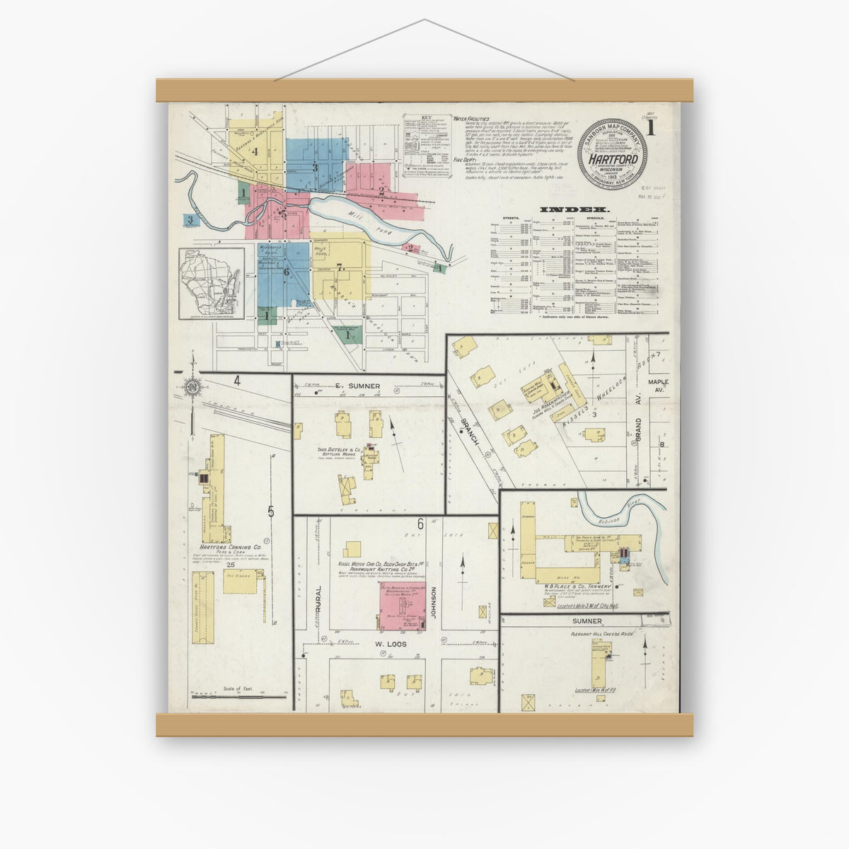 Old map wall art mockup — magnetic wood frame on white wall — Sanborn Fire Insurance Map from Hartford, Washington County, Wisconsin (1913) - Complete Map Set